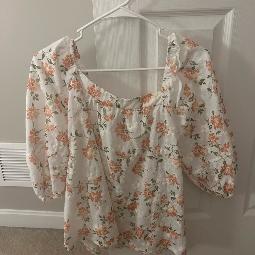 Floral Puff Sleeve Top - White and Orange
